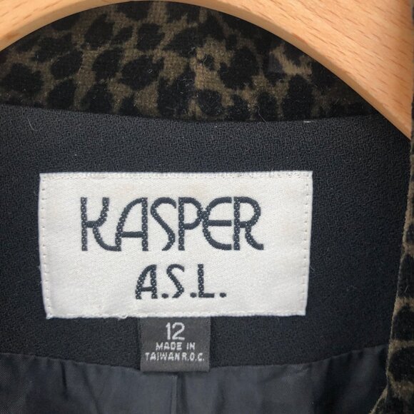 Kasper Blazer Womens 12 Black Leopard Print Velvet Trim Button Up Office Career - Picture 5 of 9
